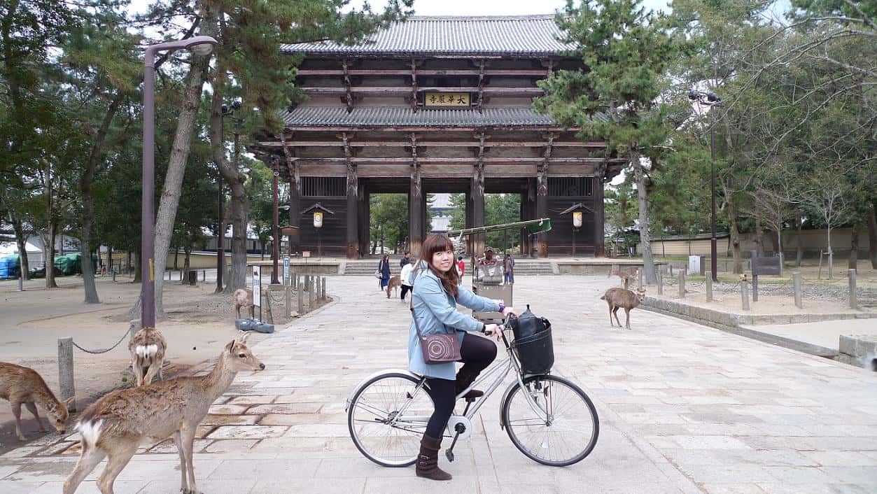 在奈良骑脚踏车。